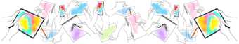 Colourful line drawing of many hands drawing in sketchpads