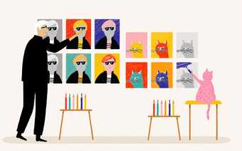 Warhol illustration - Warhol colouring in his selfies